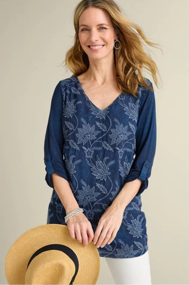 Women Kimbra Embroidered Tunic Denim Blue Soft Surroundings Tops