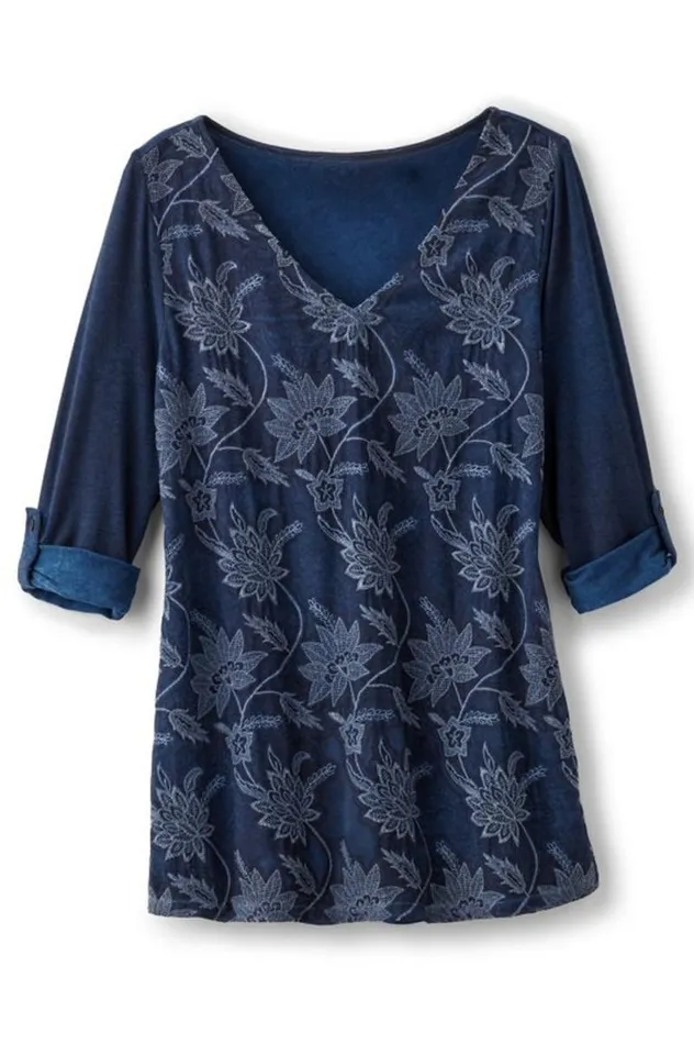 Women Kimbra Embroidered Tunic Denim Blue Soft Surroundings Tops Women Kimbra Embroidered Tunic Denim Blue Soft Surroundings Tops