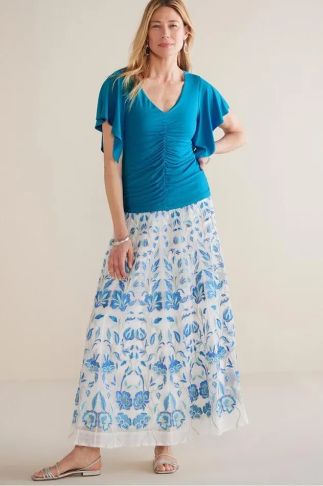 Women Leya Ruched Top Swedish Blue Soft Surroundings Tops Women Leya Ruched Top Swedish Blue Soft Surroundings Tops