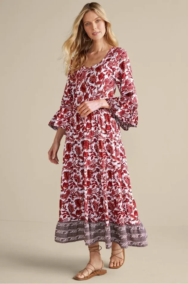 Women Lily Midi Dress Maroon Sketched Botanical Soft Surroundings Dresses