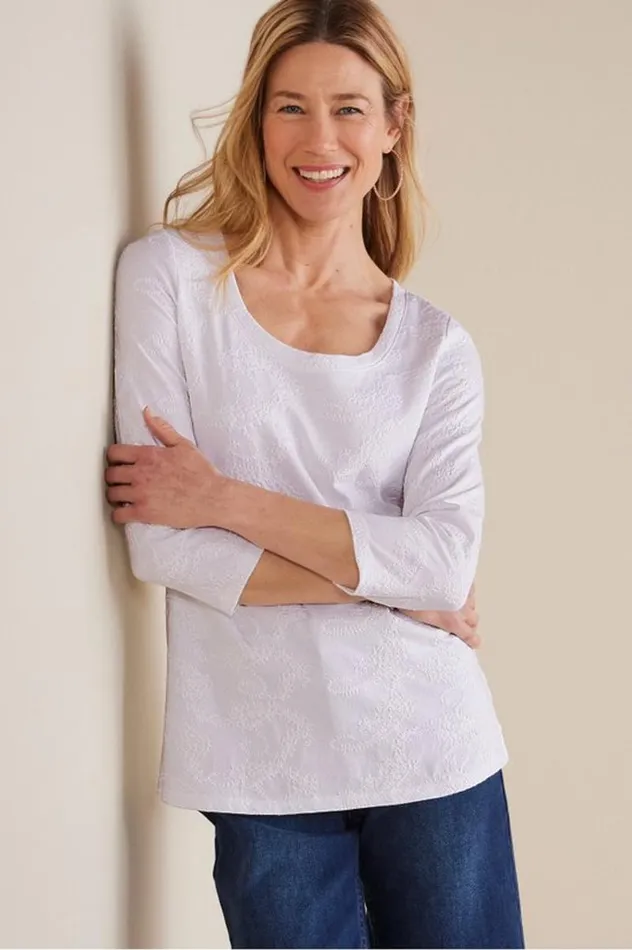 Women Linnea Embroidered 34 Sleeve Tee Navy Soft Surroundings Tops