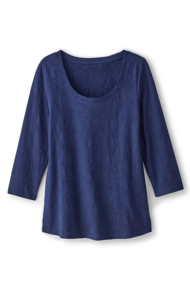 Women Linnea Embroidered 34 Sleeve Tee Navy Soft Surroundings Tops