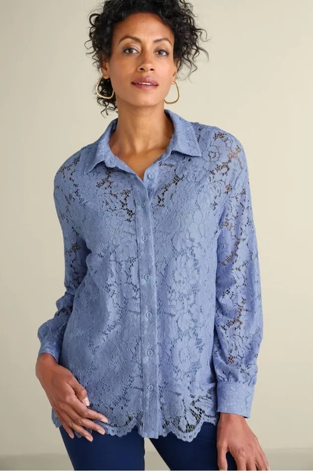 Women Lisa Lace Button Front Black Soft Surroundings Tops