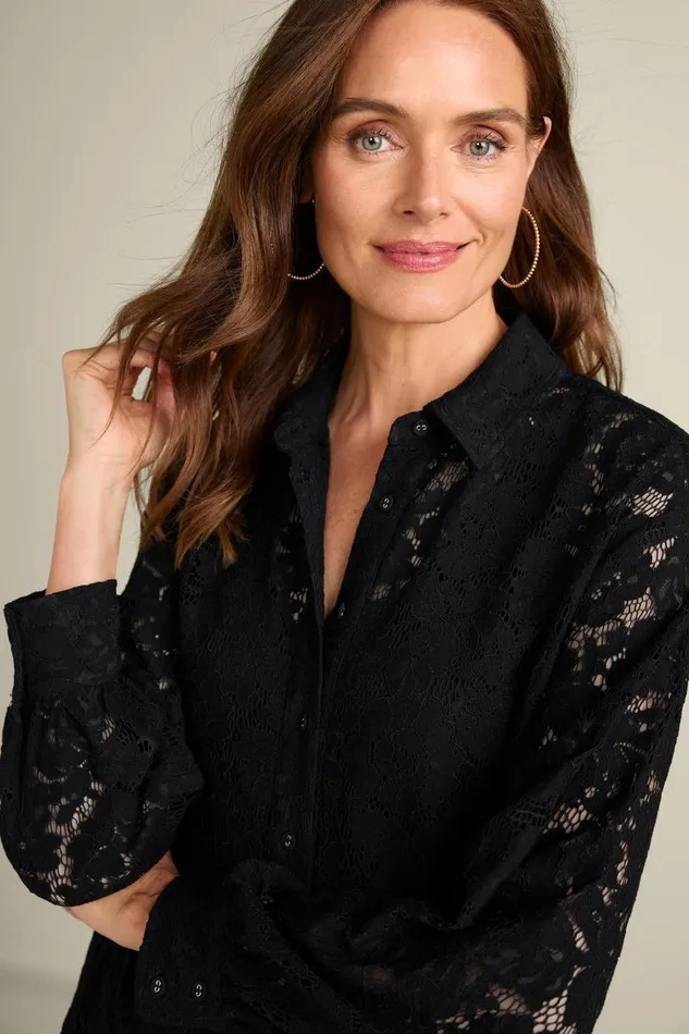 Women Lisa Lace Button Front Black Soft Surroundings Tops Women Lisa Lace Button Front Black Soft Surroundings Tops