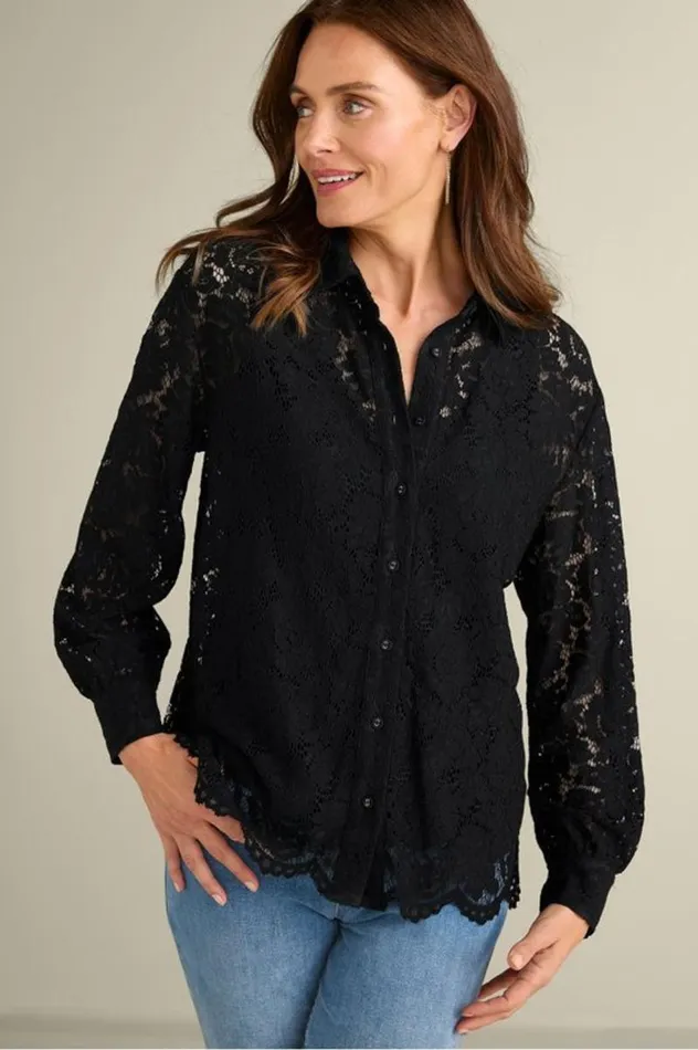 Women Lisa Lace Button Front Black Soft Surroundings Tops Women Lisa Lace Button Front Black Soft Surroundings Tops