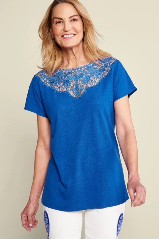 Women Luella Linen Blend Lace Tee Sapphire Soft Surroundings Tops