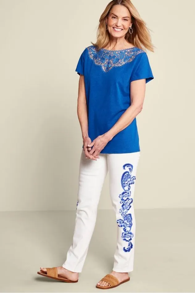 Women Luella Linen Blend Lace Tee Sapphire Soft Surroundings Tops Women Luella Linen Blend Lace Tee Sapphire Soft Surroundings Tops