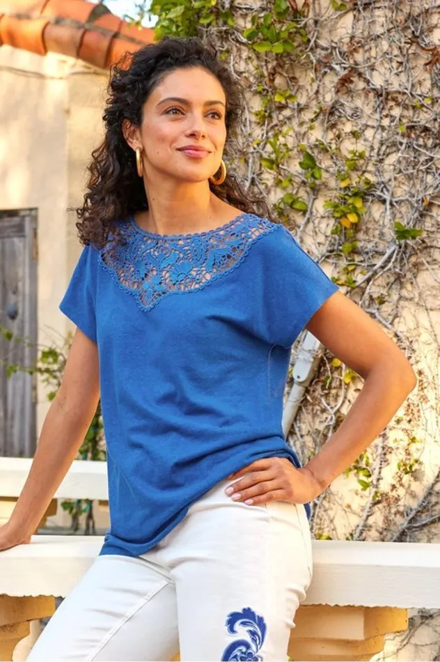 Women Luella Linen Blend Lace Tee Sapphire Soft Surroundings Tops Women Luella Linen Blend Lace Tee Sapphire Soft Surroundings Tops