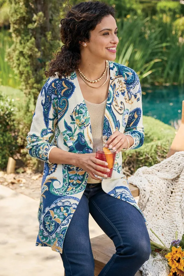 Women Marin Cardigan Autumn Paisley Scarf Blue Soft Surroundings Tops Women Marin Cardigan Autumn Paisley Scarf Blue Soft Surroundings Tops