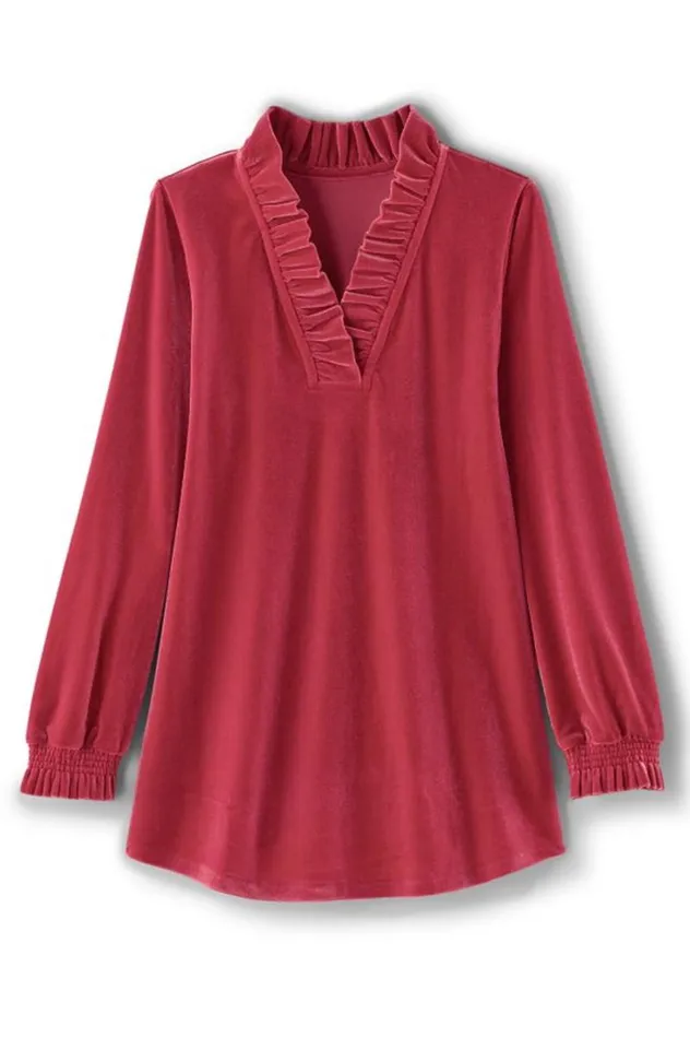 Women Marlee Ruffle Velvet Top Jester Red Soft Surroundings Tops Women Marlee Ruffle Velvet Top Jester Red Soft Surroundings Tops