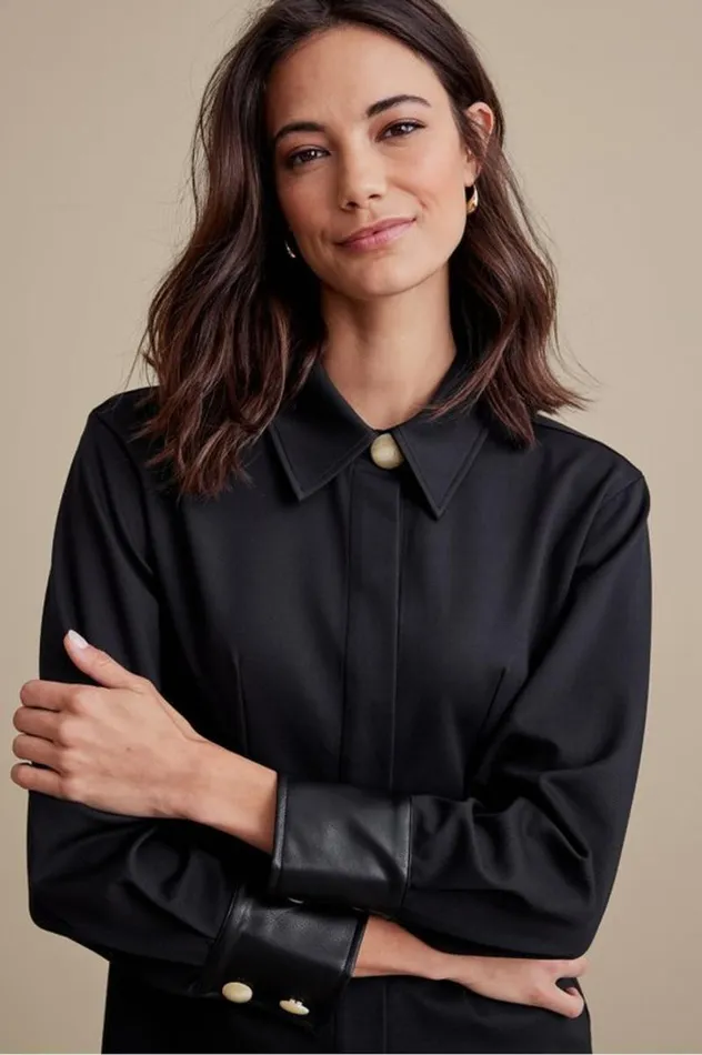 Women Mattea Faux Leather Cuff Tunic Black Soft Surroundings Tops Women Mattea Faux Leather Cuff Tunic Black Soft Surroundings Tops