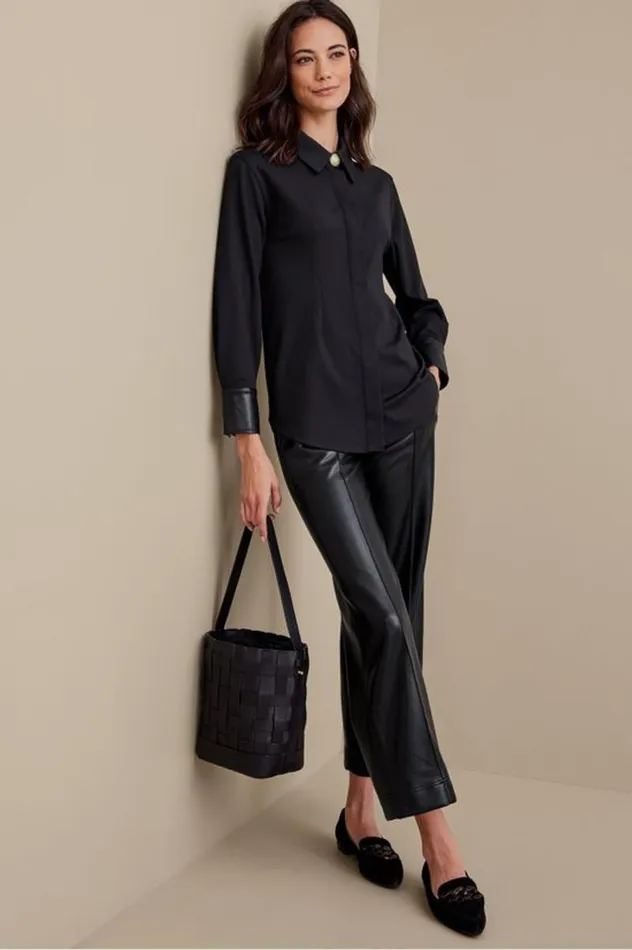 Women Mattea Faux Leather Cuff Tunic Black Soft Surroundings Tops Women Mattea Faux Leather Cuff Tunic Black Soft Surroundings Tops