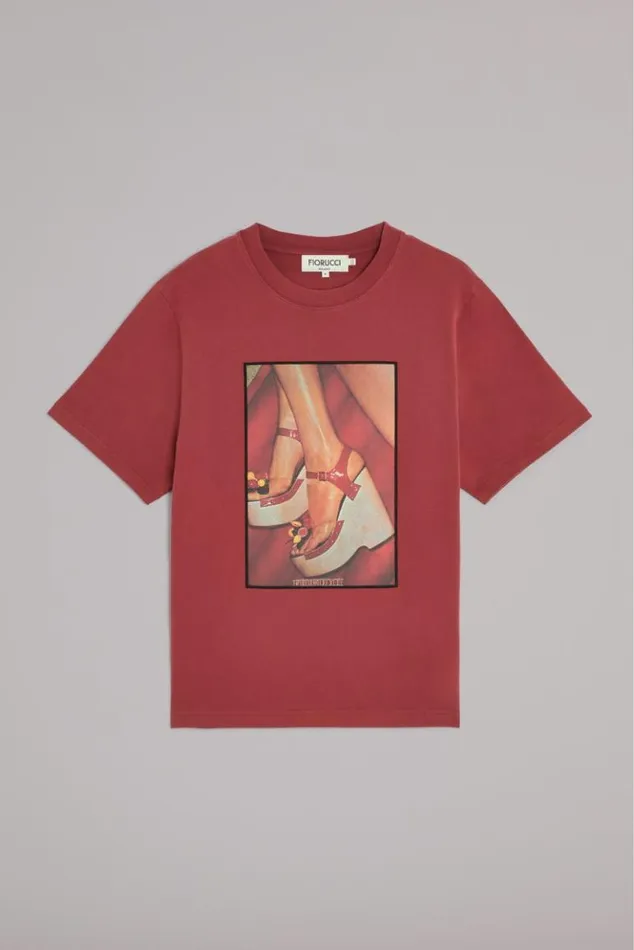 WomenMen Fiorucci Unisex Graphic Heels TShirt Burgundy Burgundy