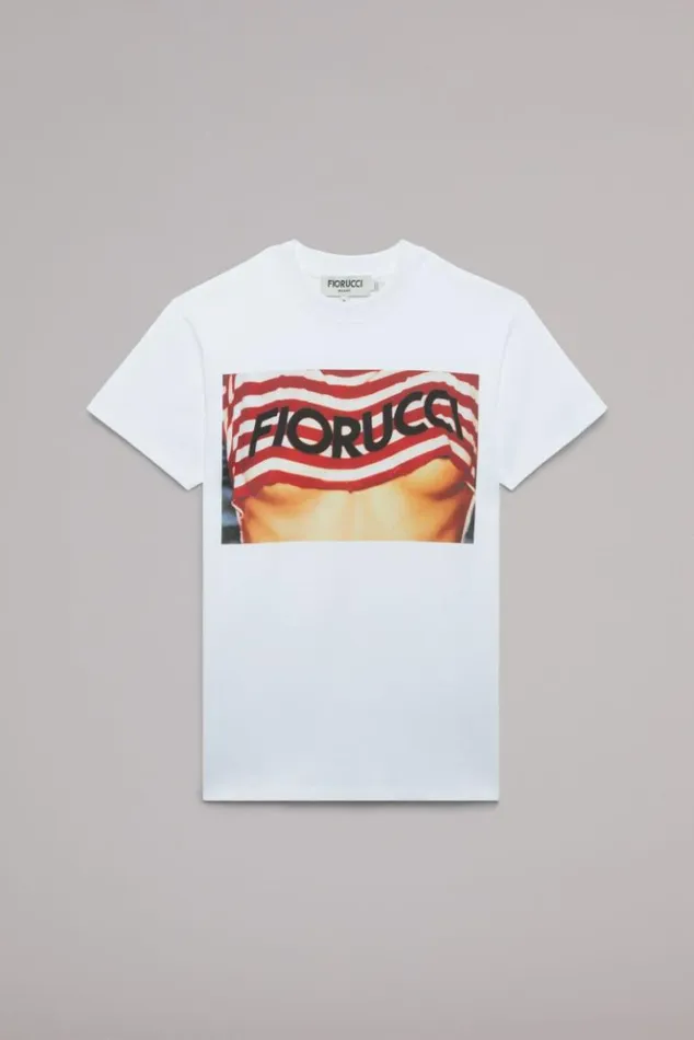 WomenMen Fiorucci Unisex Logo Stripe Graphic TShirt White White