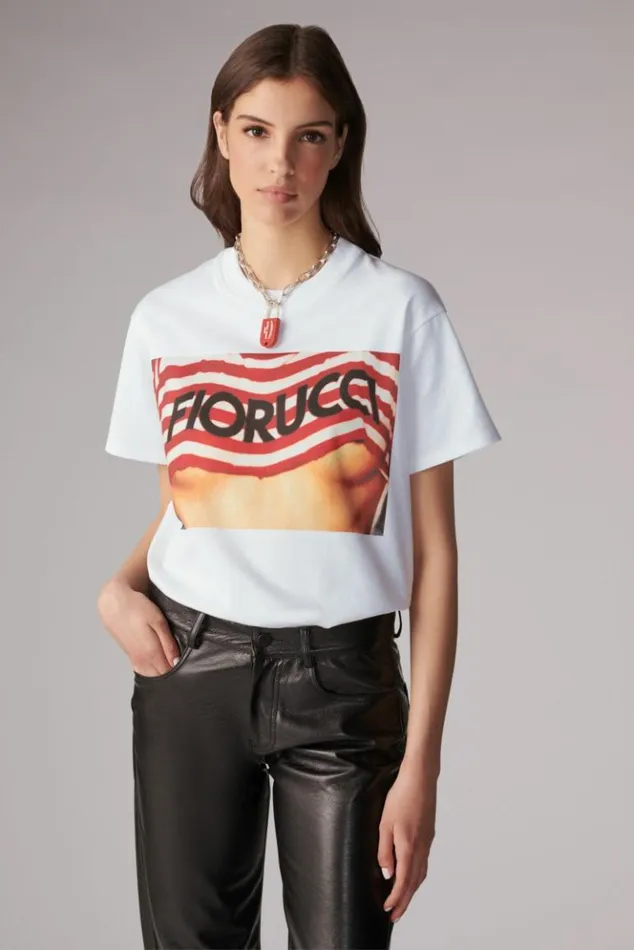 WomenMen Fiorucci Unisex Logo Stripe Graphic TShirt White White WomenMen Fiorucci Unisex Logo Stripe Graphic TShirt White White