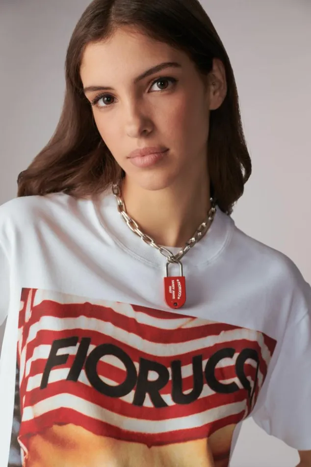 WomenMen Fiorucci Unisex Logo Stripe Graphic TShirt White White WomenMen Fiorucci Unisex Logo Stripe Graphic TShirt White White