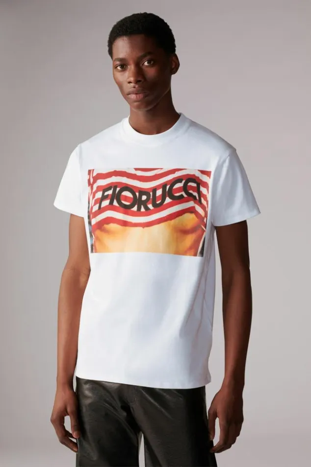 WomenMen Fiorucci Unisex Logo Stripe Graphic TShirt White White WomenMen Fiorucci Unisex Logo Stripe Graphic TShirt White White