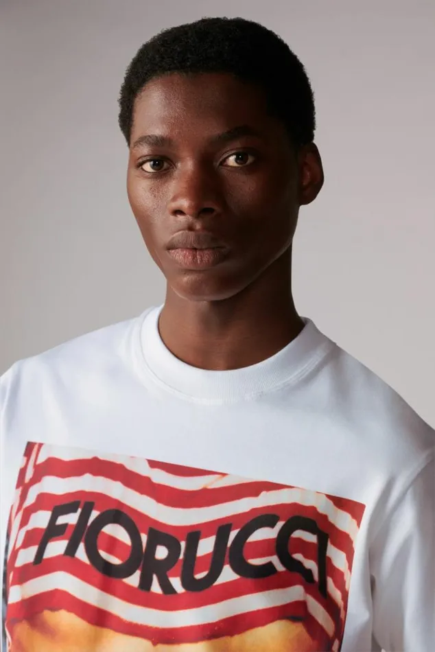WomenMen Fiorucci Unisex Logo Stripe Graphic TShirt White White WomenMen Fiorucci Unisex Logo Stripe Graphic TShirt White White