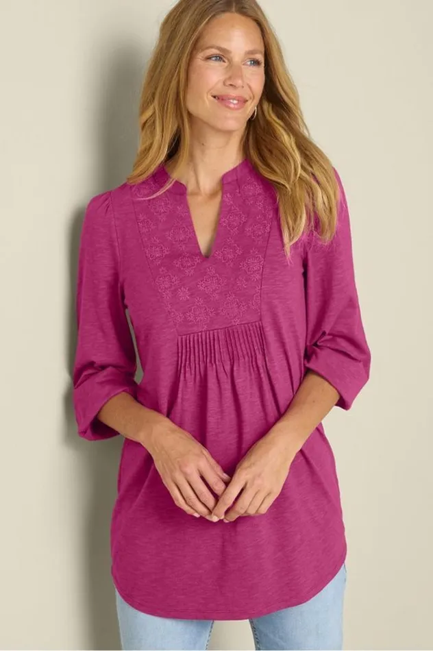 Women Mikaela Embroidered 34 Sleeve Tunic Raspberry Radiance Soft Surroundings Tops