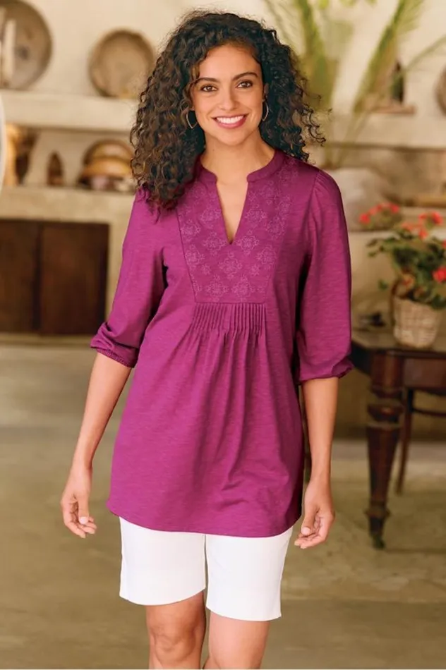 Women Mikaela Embroidered 34 Sleeve Tunic Raspberry Radiance Soft Surroundings Tops Women Mikaela Embroidered 34 Sleeve Tunic Raspberry Radiance Soft Surroundings Tops