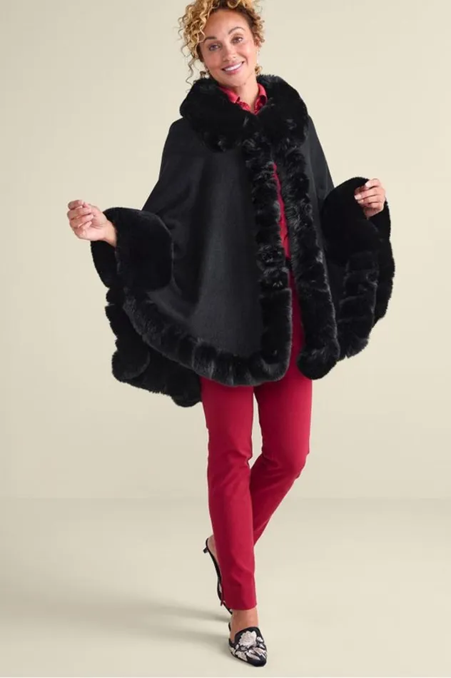Women Mila Faux Fur Trim Cape Black Soft Surroundings Scarves and Wraps