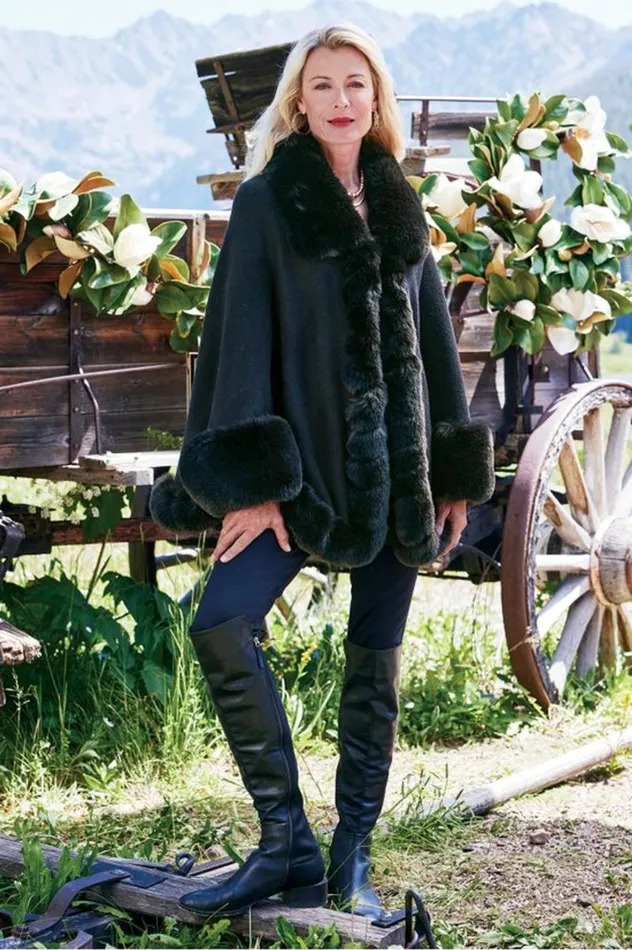 Women Mila Faux Fur Trim Cape Black Soft Surroundings Scarves and Wraps Women Mila Faux Fur Trim Cape Black Soft Surroundings Scarves and Wraps