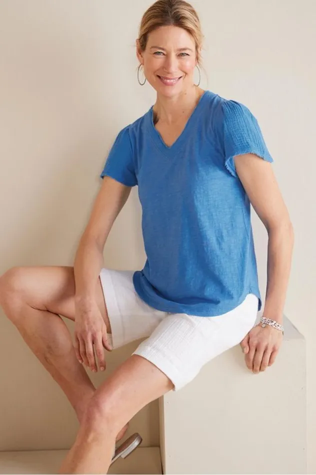 Women Philippa Gauze Sleeve Tee French Blue Soft Surroundings Tops Women Philippa Gauze Sleeve Tee French Blue Soft Surroundings Tops