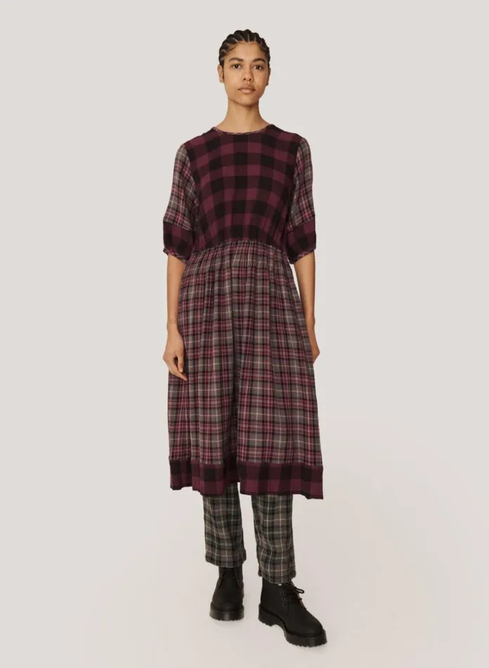 Womens Dresses YMC Garden Check Dress Burgundy Multi