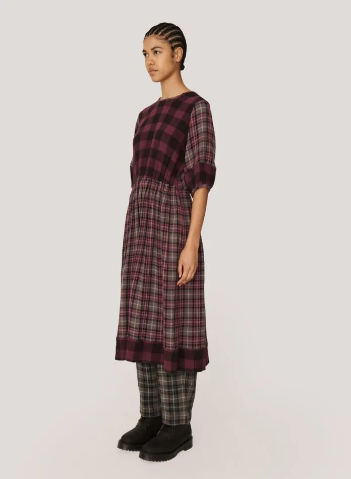 Womens Dresses YMC Garden Check Dress Burgundy Multi