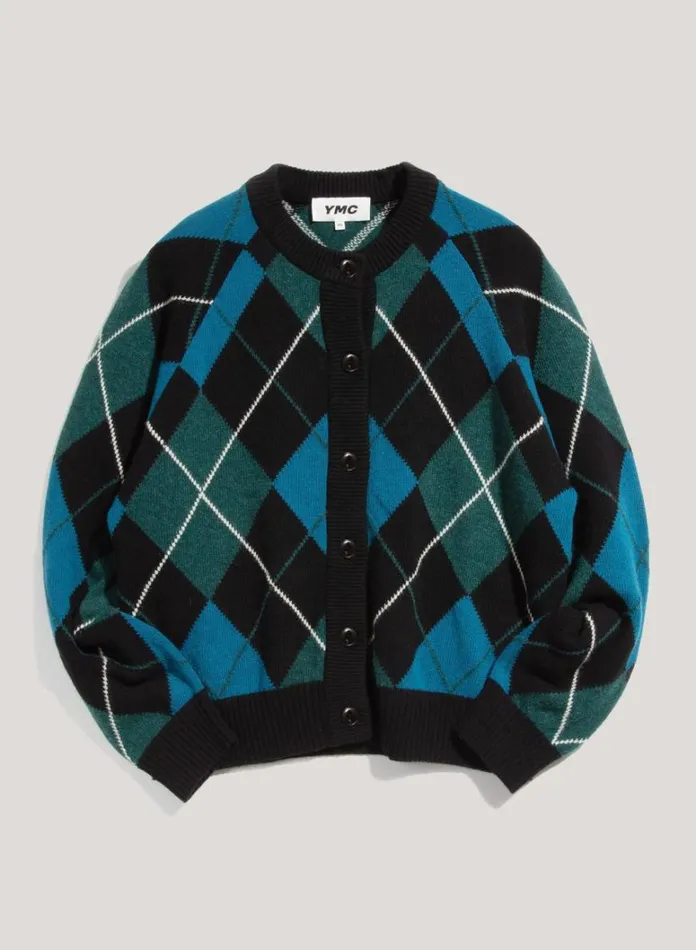 Womens Knitwear YMC Atomic Argyle Knit Cardigan Black Multi