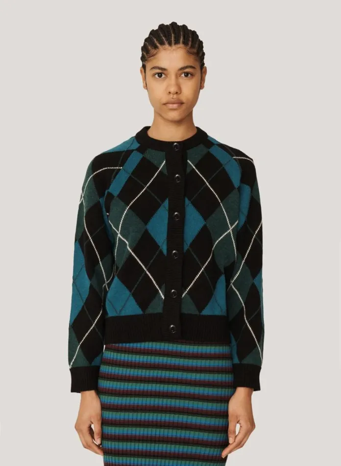 Womens Knitwear YMC Atomic Argyle Knit Cardigan Black Multi