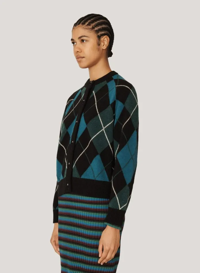 Womens Knitwear YMC Atomic Argyle Knit Cardigan Black Multi