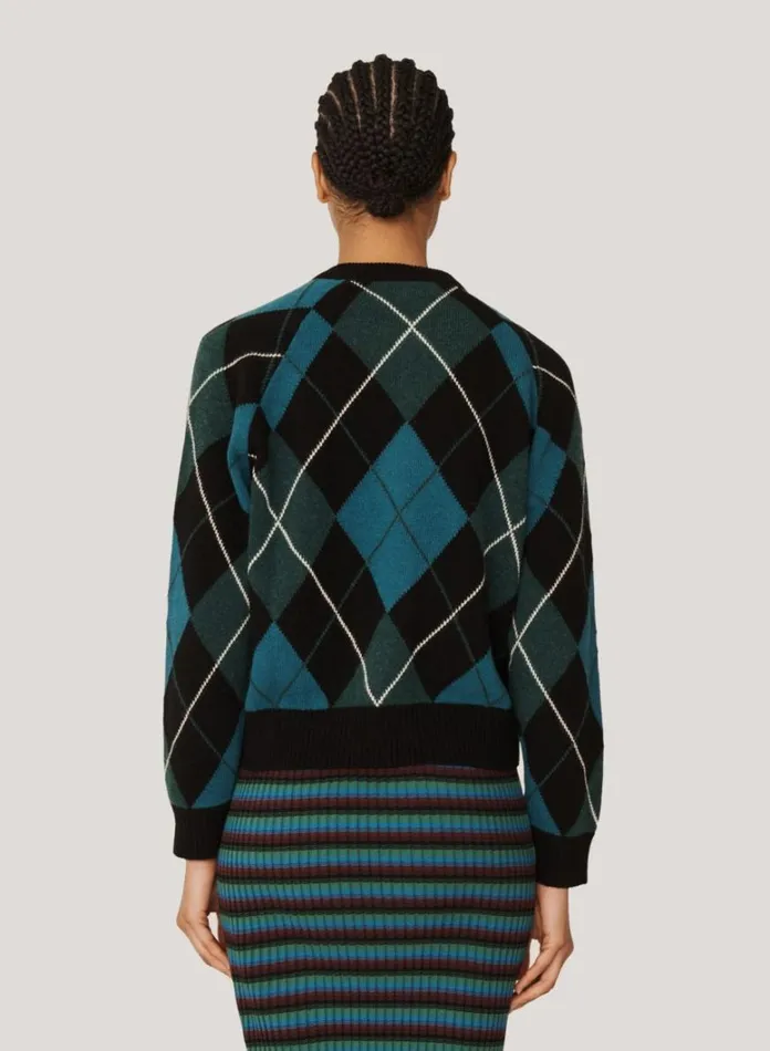 Womens Knitwear YMC Atomic Argyle Knit Cardigan Black Multi