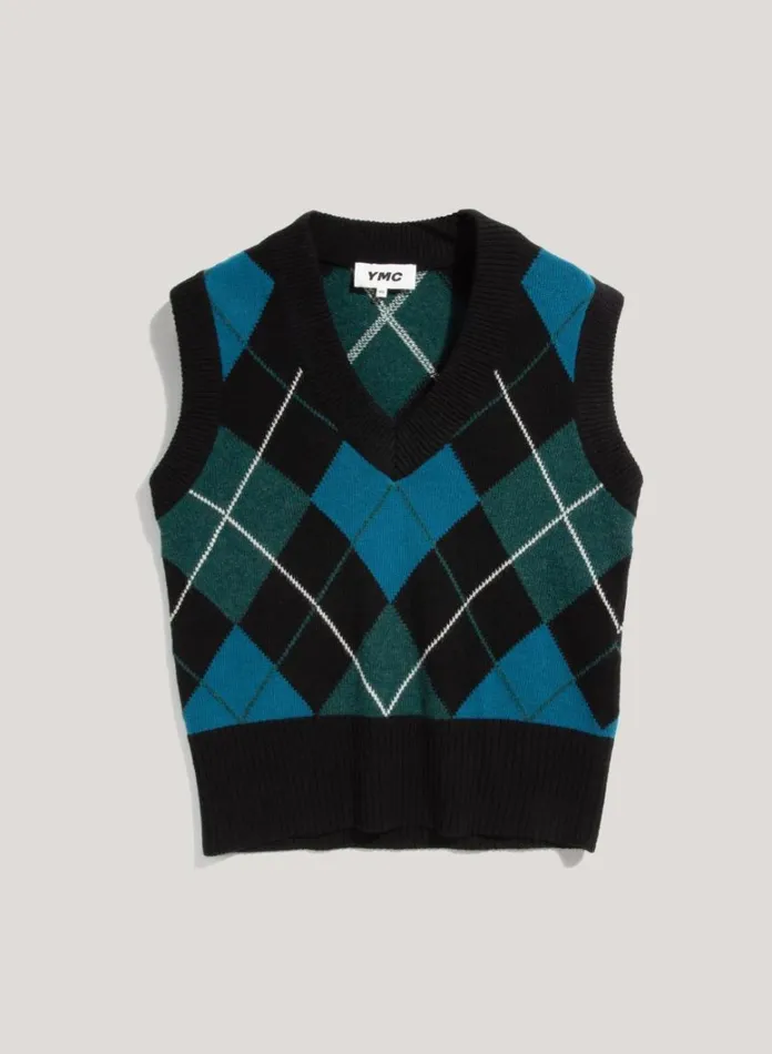 Womens Knitwear YMC Heidi Argyle Knit Vest Black Multi