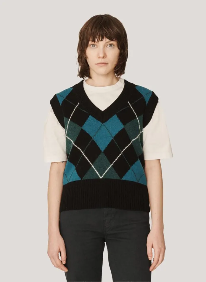 Womens Knitwear YMC Heidi Argyle Knit Vest Black Multi