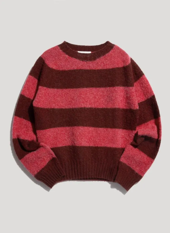 Womens Knitwear YMC Jets Stripe Crew Neck Jumper Burgundy