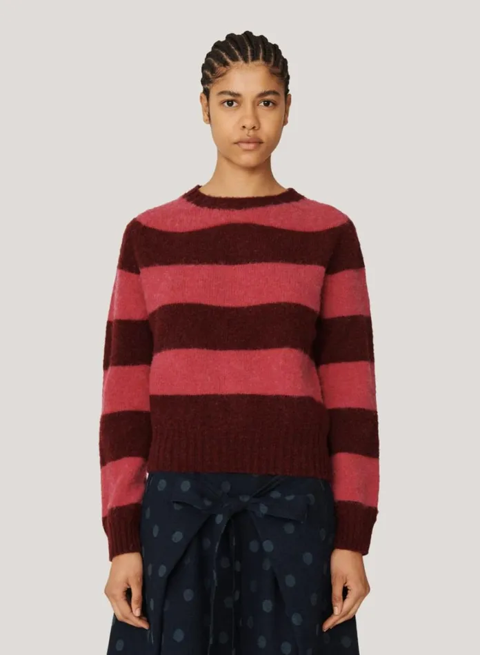 Womens Knitwear YMC Jets Stripe Crew Neck Jumper Burgundy