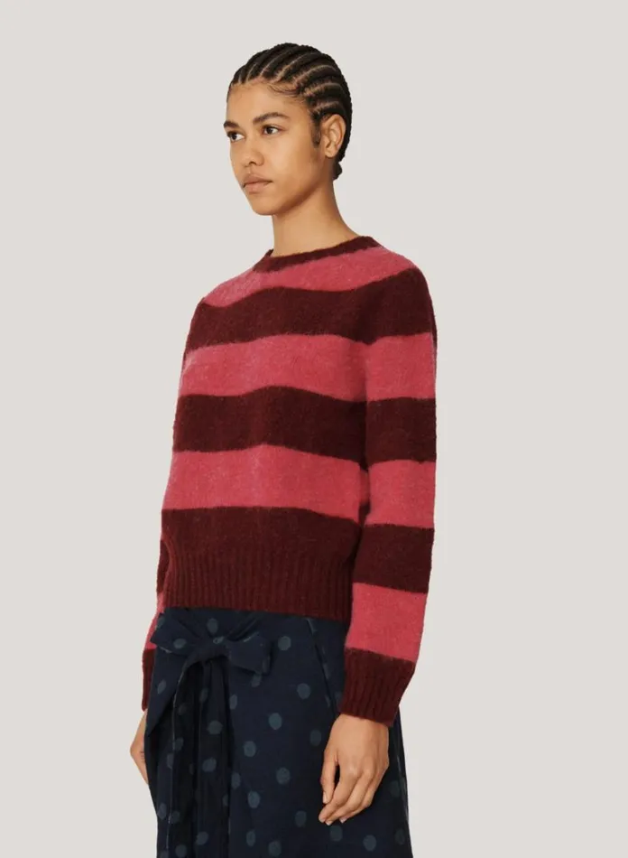 Womens Knitwear YMC Jets Stripe Crew Neck Jumper Burgundy