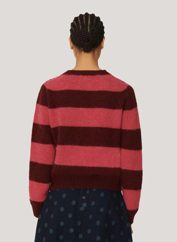 Womens Knitwear YMC Jets Stripe Crew Neck Jumper Burgundy