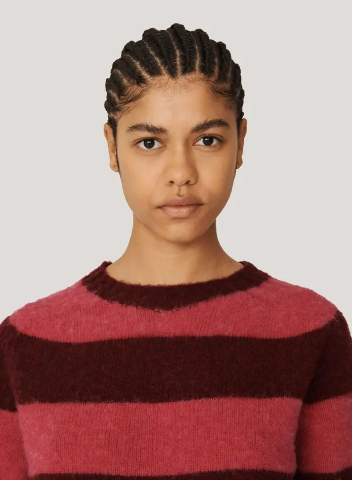 Womens Knitwear YMC Jets Stripe Crew Neck Jumper Burgundy