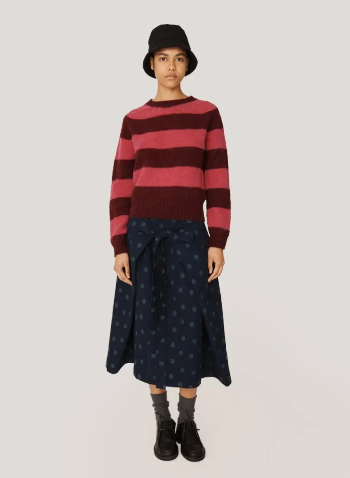 Womens Knitwear YMC Jets Stripe Crew Neck Jumper Burgundy