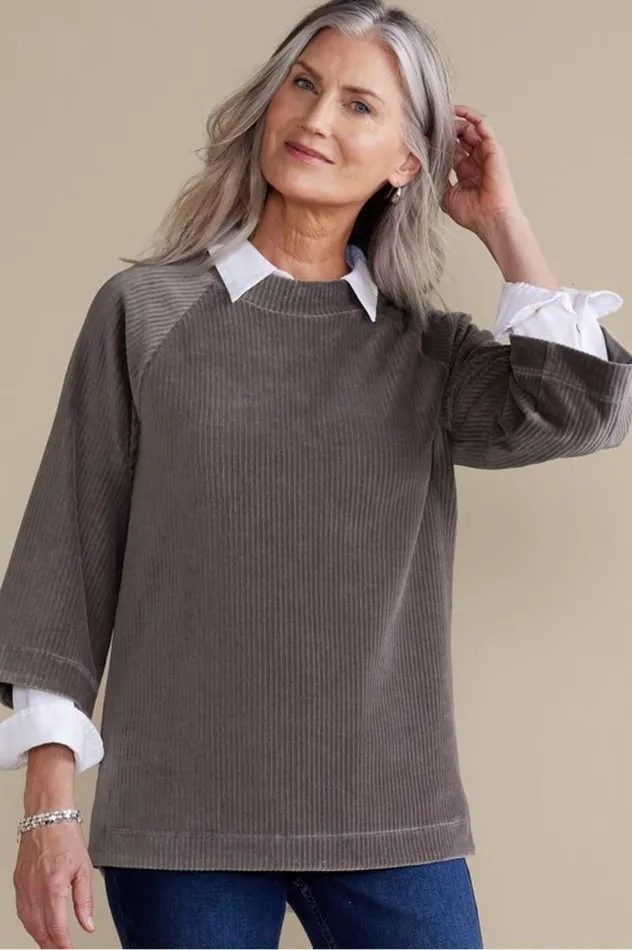 Women Samina Corduroy Pullover Shoreline Grey Soft Surroundings Tops