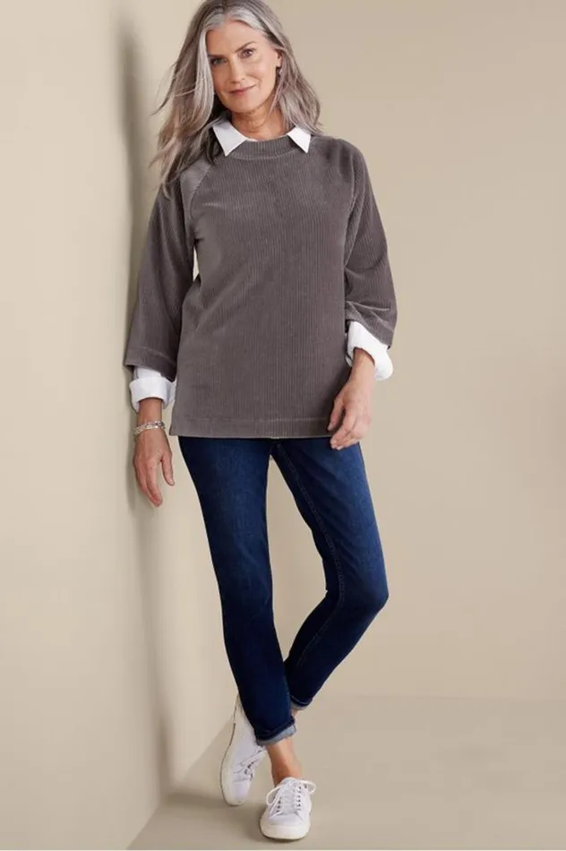 Women Samina Corduroy Pullover Shoreline Grey Soft Surroundings Tops Women Samina Corduroy Pullover Shoreline Grey Soft Surroundings Tops