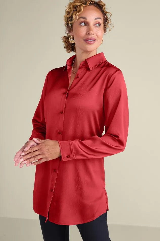 Women Satin Boyfriend Shirt Mykonos Blue Soft Surroundings Tops