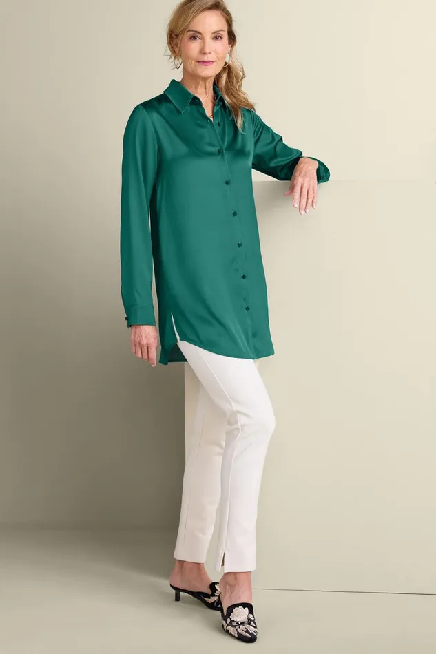 Women Satin Boyfriend Shirt Mykonos Blue Soft Surroundings Tops Women Satin Boyfriend Shirt Mykonos Blue Soft Surroundings Tops