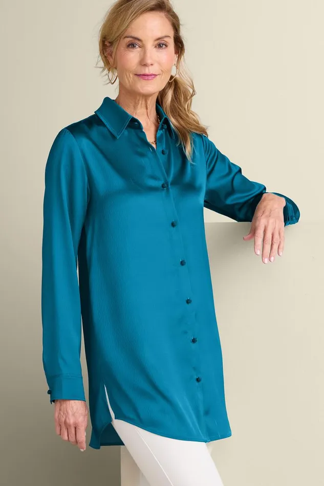 Women Satin Boyfriend Shirt Mykonos Blue Soft Surroundings Tops Women Satin Boyfriend Shirt Mykonos Blue Soft Surroundings Tops