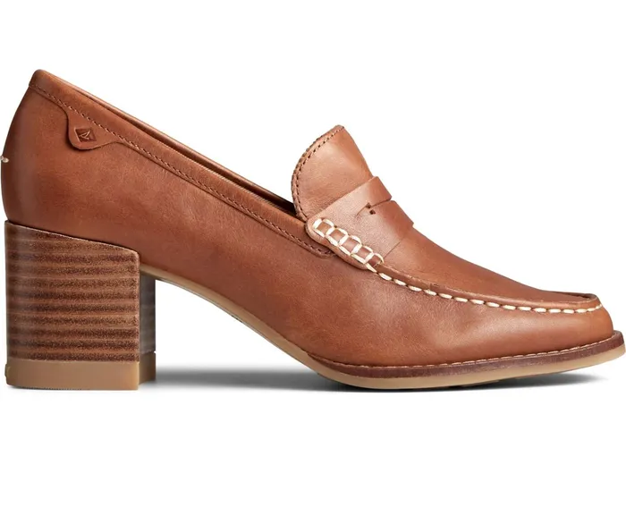 Women Seaport Penny Heel Leather Loafer Tan Sperry Flats and Loafers