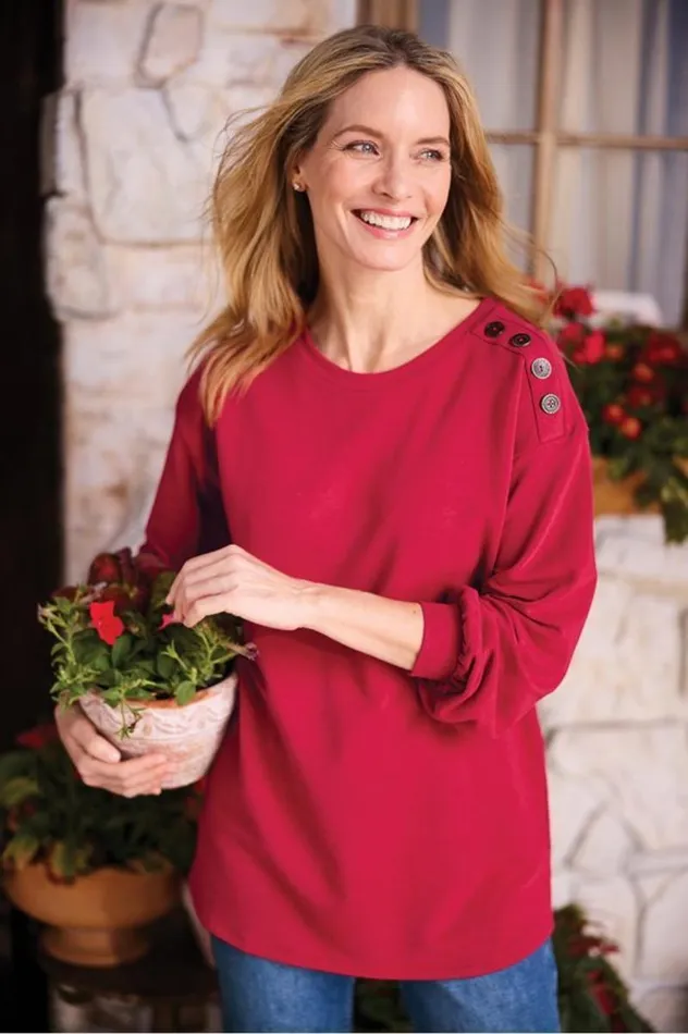 Women Siesta Soft Button Shoulder Tunic Lipstick Heather Soft Surroundings Tops Women Siesta Soft Button Shoulder Tunic Lipstick Heather Soft Surroundings Tops