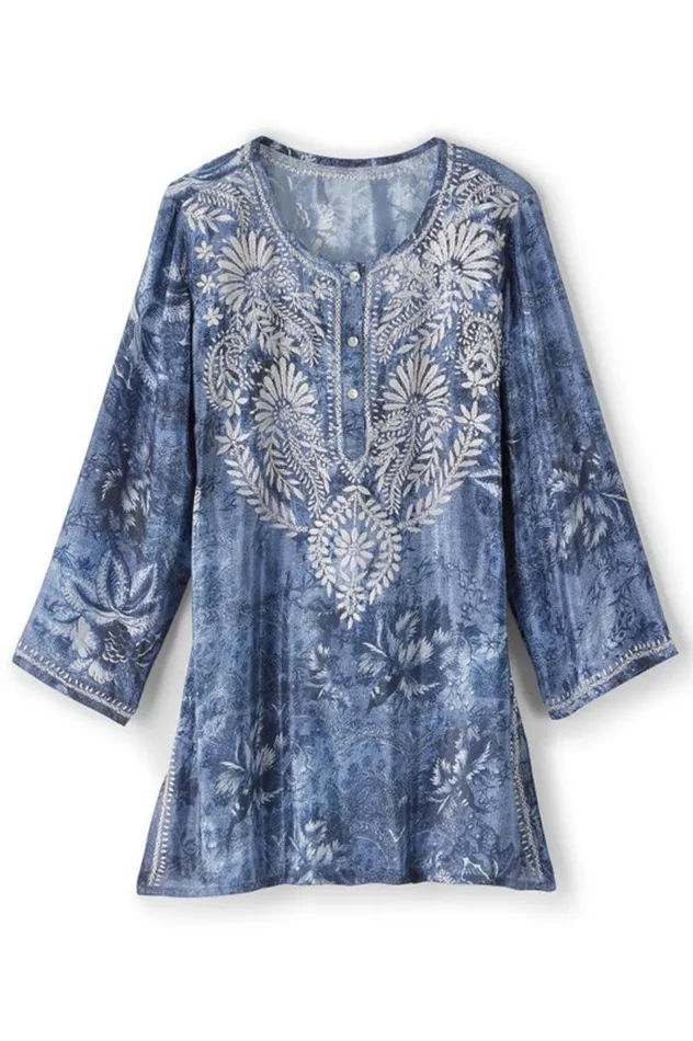 Women Silvia Embroidered Tunic Blue Multi Soft Surroundings Tops Women Silvia Embroidered Tunic Blue Multi Soft Surroundings Tops