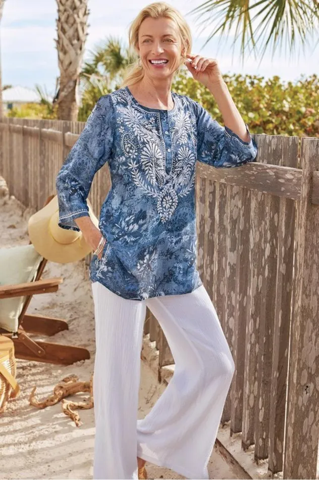 Women Silvia Embroidered Tunic Blue Multi Soft Surroundings Tops Women Silvia Embroidered Tunic Blue Multi Soft Surroundings Tops